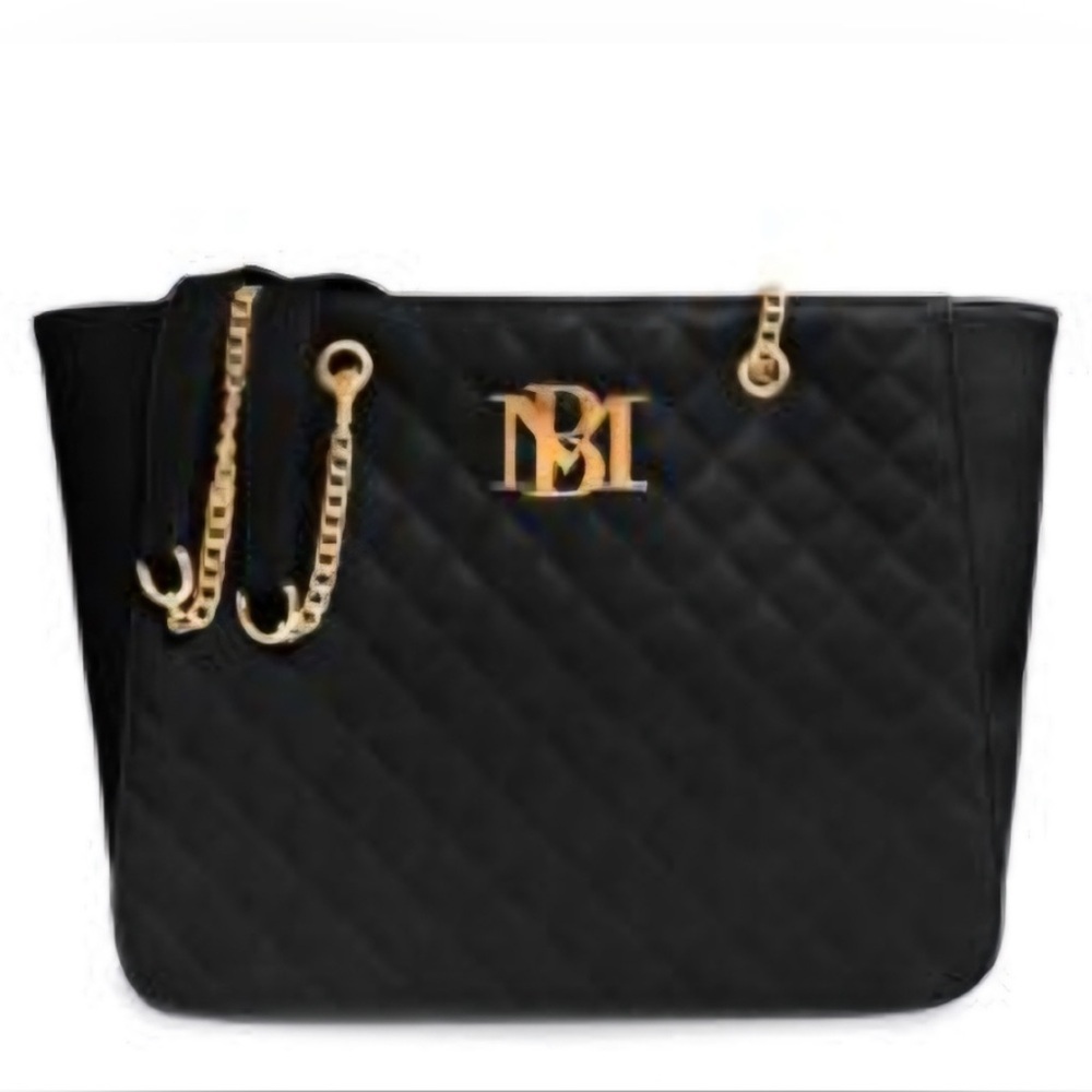 Badgley Mischka Black Quilted Tote Bag With Gold Chain Retail $129.00
